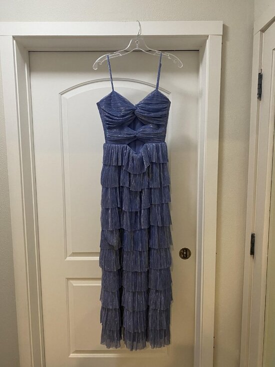 Gianni Bini Grace Dress Womens Small Blue Ruched Tiered Ruffle Maxi Formal Gown - Picture 2 of 4